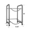 The Single Column 2-Bottle Storage Rack - Gray features curved supports and four legs with black feet. Shown angled, its stainless steel frame measures 19" tall, 13" deep, and 13.25" wide—ideal for water bottle storage.