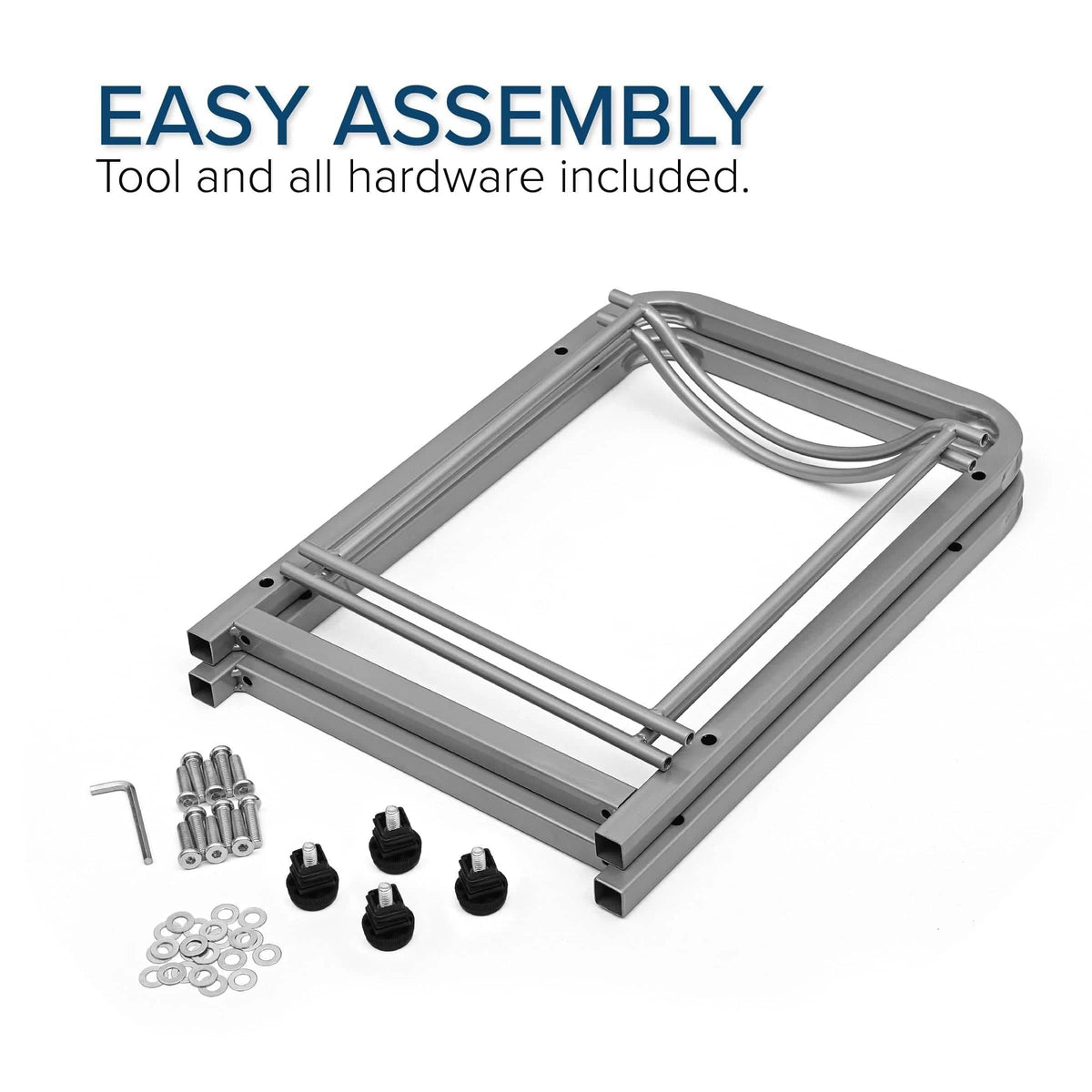 Folded metal frame, screws, washers, bolts, and an Allen wrench are displayed on a white background. Text above reads: EASY ASSEMBLY — Tool and all hardware included for the Single Column 2-Bottle Storage Rack - Gray.