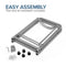 Folded metal frame, screws, washers, bolts, and an Allen wrench are displayed on a white background. Text above reads: EASY ASSEMBLY — Tool and all hardware included for the Single Column 2-Bottle Storage Rack - Gray.