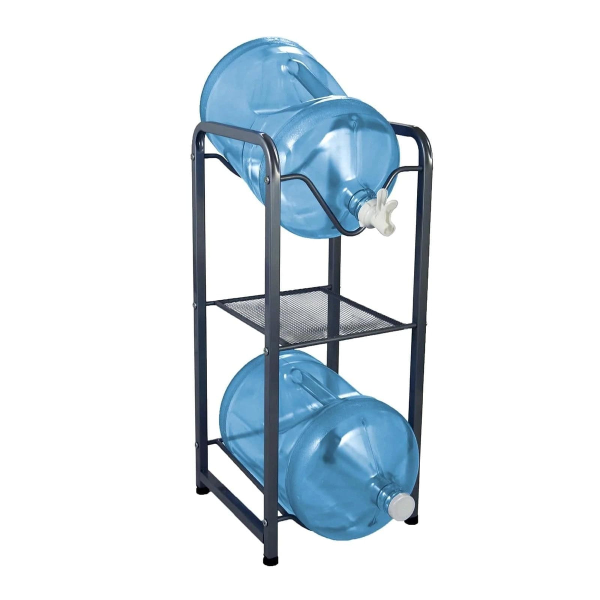 The Stainless Steel 2-Bottle Storage Rack w/ Shelf - Gray holds two large blue water jugs horizontally—one with a white spout on the top shelf, one capped below—and includes a stainless steel mesh middle shelf.