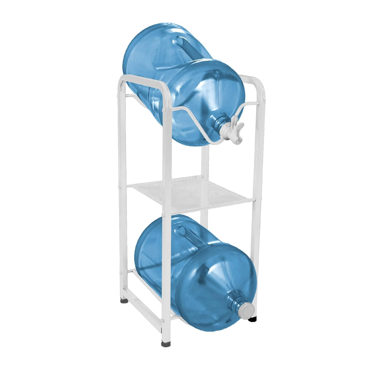 The Stainless Steel 2-Bottle Storage Rack w/ Shelf - White securely holds two large water jugs horizontally, one on each shelf, with spouts facing outward for convenient access while saving space.