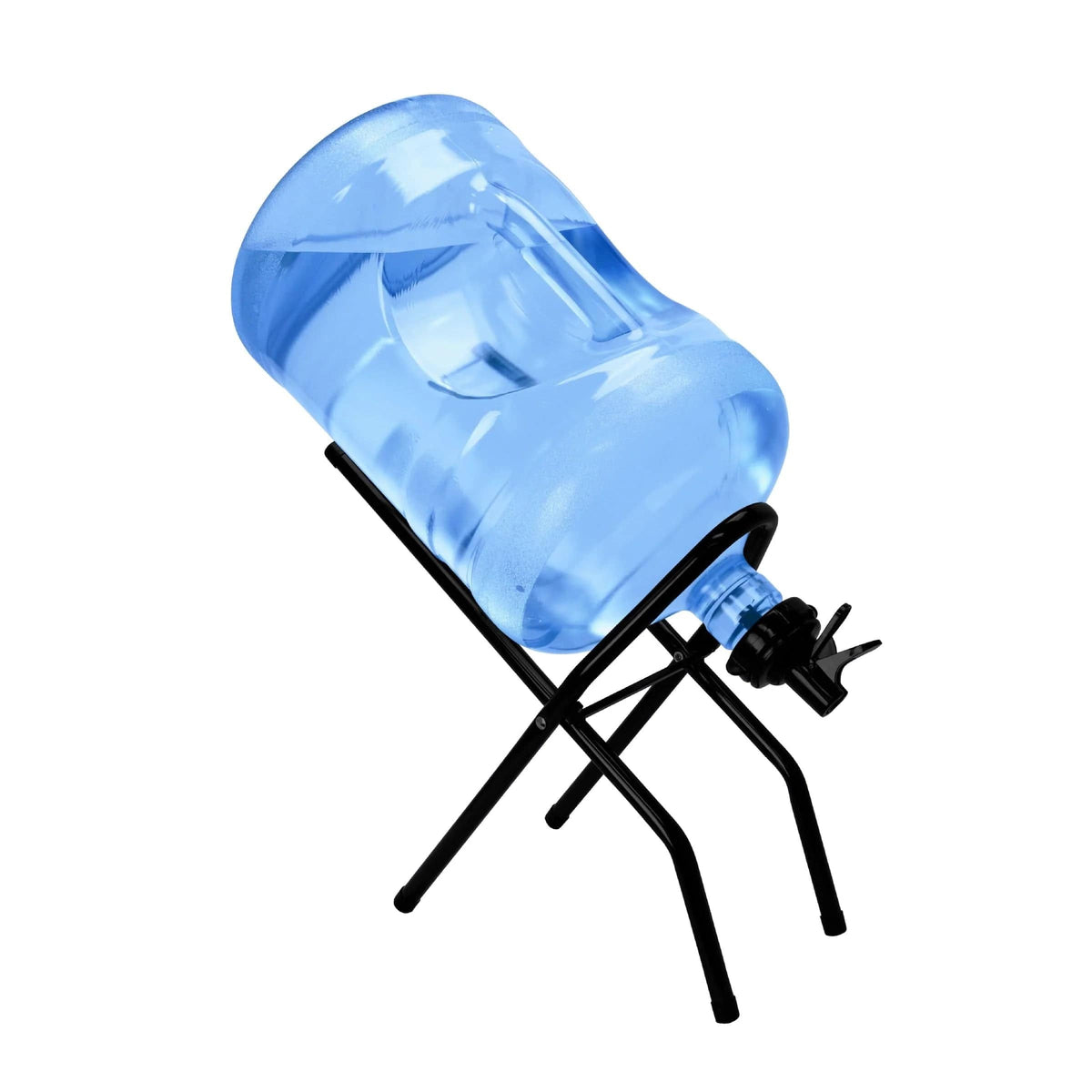 A large blue water jug sits upside down on a Metal Foldable Bottle Stand - Black, featuring a spigot and screw cap valves for easy dispensing.
