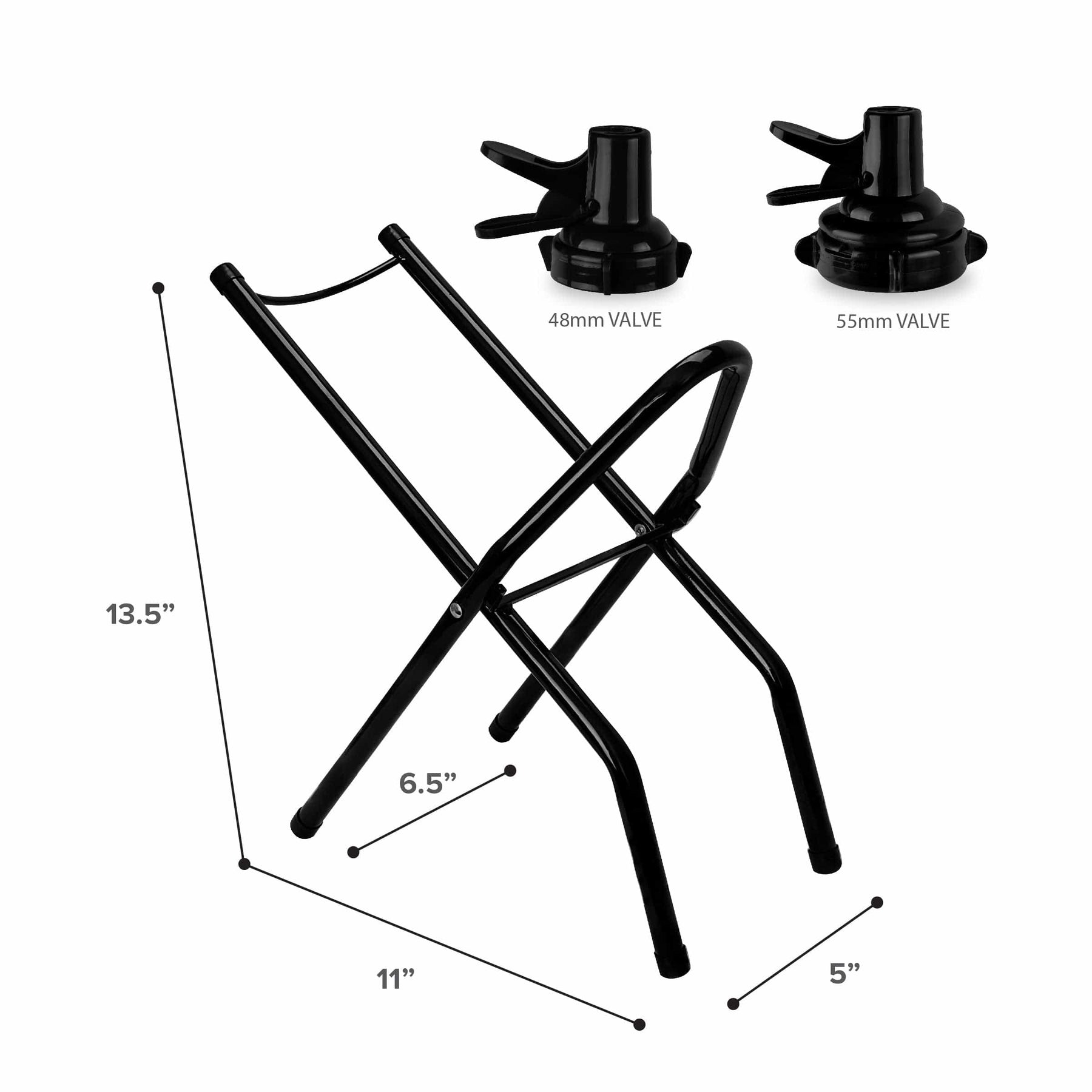 The Brio Metal Foldable Bottle Stand – Black is 13.5" tall, 11" wide, and 6.5" deep. It includes two replacement valve heads (48mm & 55mm) for use with 3- and 5-gallon bottles. Suitable for pairing with an inflatable chair.