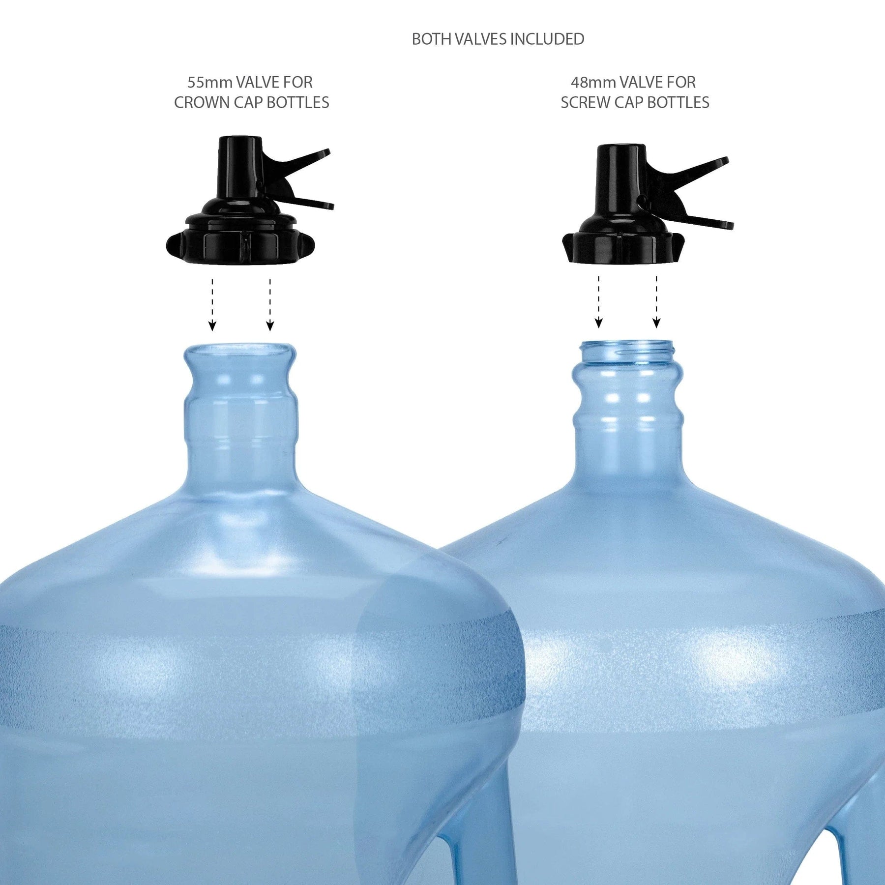 The Brio Metal Foldable Bottle Stand – Black is shown with two large blue water bottles: the left fits a 55mm crown cap, the right fits a 48mm screw cap. Matching black valves are displayed above each bottle with text labels.