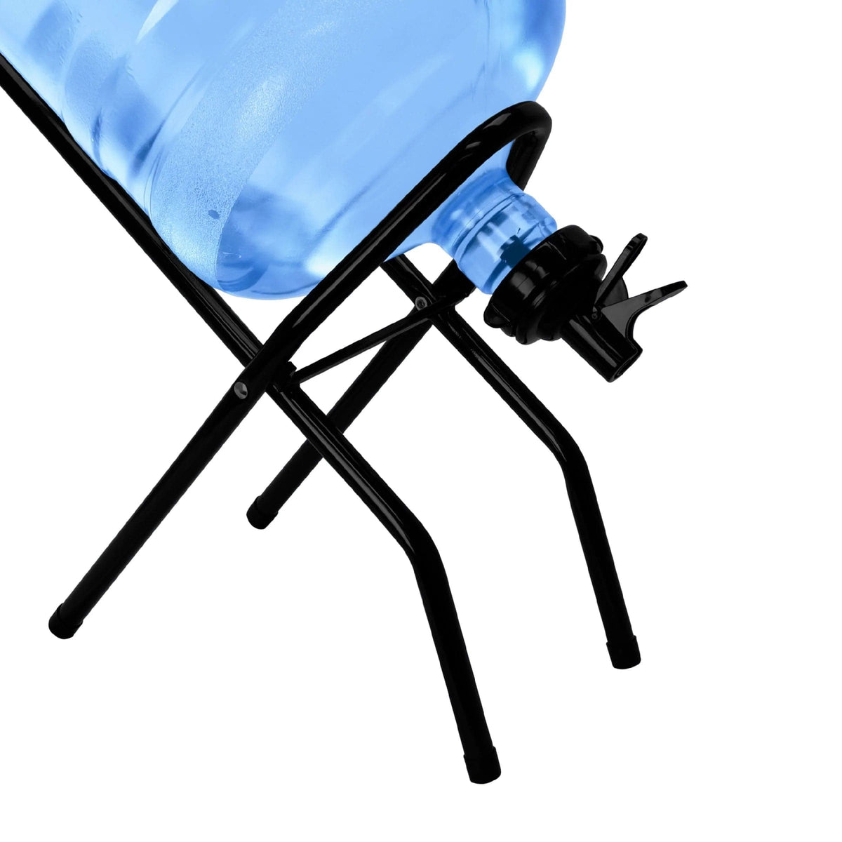 A large blue water jug rests on its side in the Metal Foldable Bottle Stand - Black, featuring a spigot for easy dispensing. The stand’s foldable design and sturdy metal build are highlighted against a white background for convenience.
