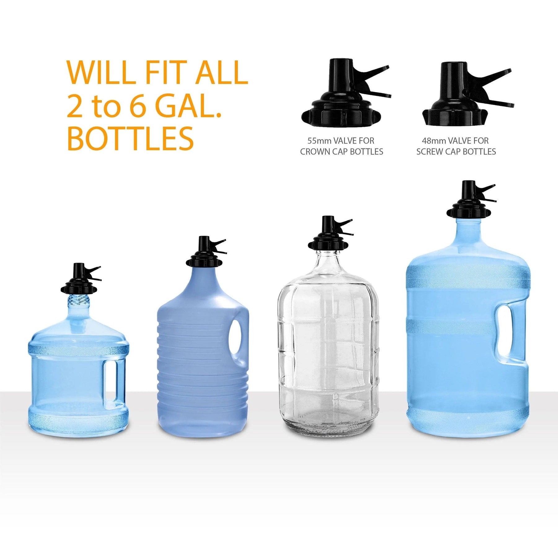 Four large bottles—suitable for 3 and 5 gal.—with black valve caps are shown below text: “WILL FIT ALL 2 to 6 GAL. BOTTLES.” Two cap types are displayed above. Compatible with Brio Metal Foldable Bottle Stand – Black.