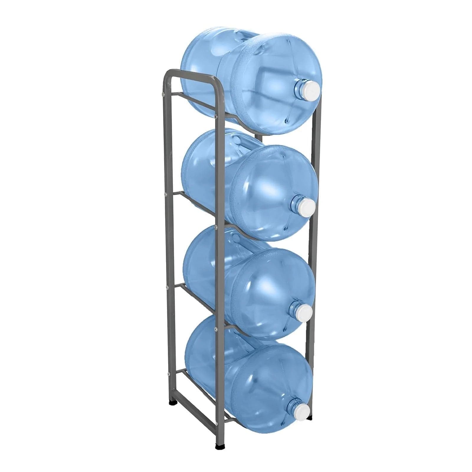 The Brio Single Column 4-Bottle Storage Rack in gray holds four large blue water jugs with white caps horizontally, stacked one above the other, offering a sturdy and compact storage solution.