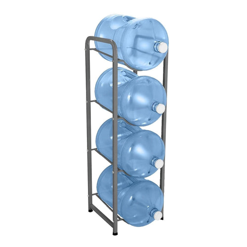 The Brio Single Column 4-Bottle Storage Rack in gray securely holds four large blue water bottles horizontally, white caps outward. Its vertical design offers an efficient solution to organize and store bottles in limited spaces.