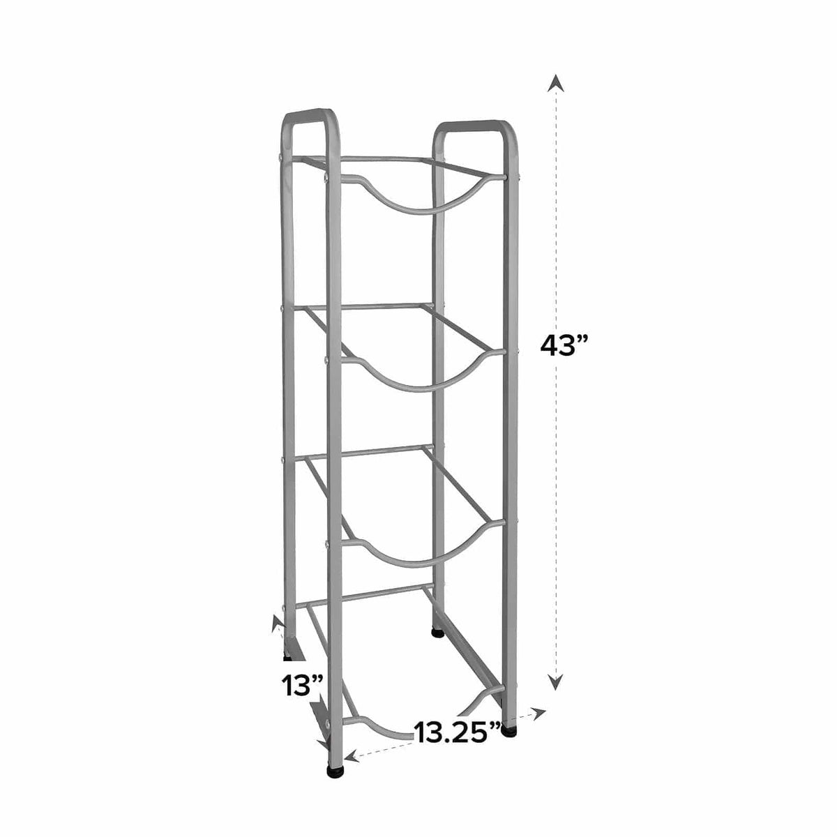 The Single Column 4-Bottle Storage Rack in gray features a minimalist open-frame stainless steel design with four shelves. Measuring 43"H x 13"D x 13.25"W, it’s the perfect sleek solution for storing water bottles and more.