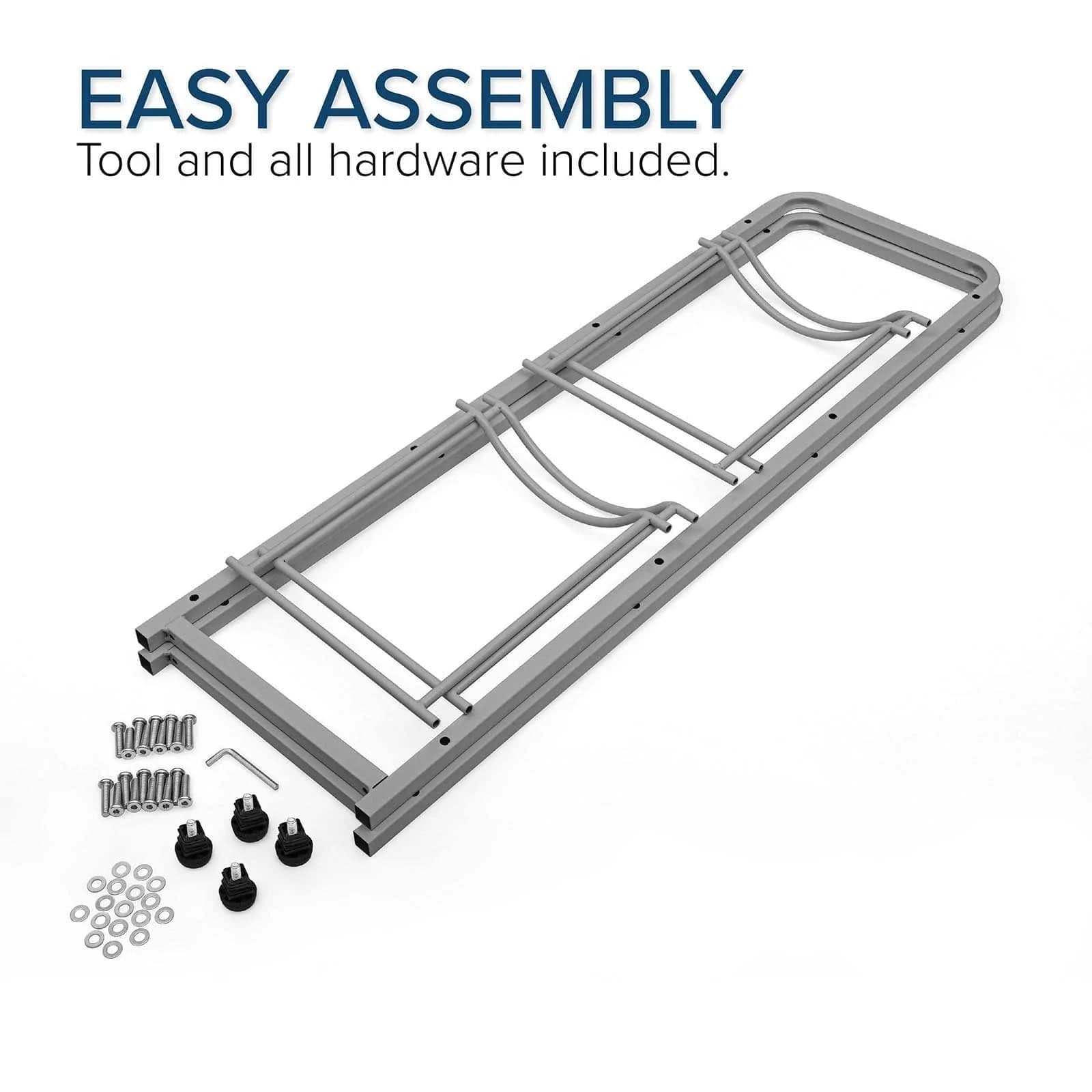 The Brio Single Column 4-Bottle Storage Rack in gray is shown with included assembly hardware. Text above reads, EASY ASSEMBLY. Tool and all hardware provided for a smart storage solution.