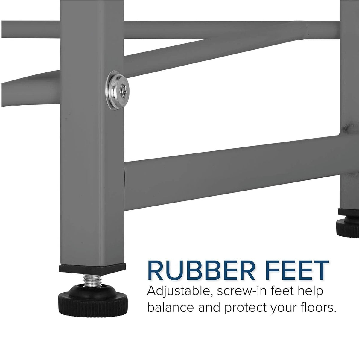 Close-up of the Single Column 4-Bottle Storage Rack - Gray legs with adjustable, black rubber screw-in feet. Text reads: "RUBBER FEET. Adjustable, screw-in feet help balance and protect your floors—a smart storage solution.