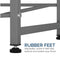 Close-up of the Single Column 4-Bottle Storage Rack - Gray legs with adjustable, black rubber screw-in feet. Text reads: "RUBBER FEET. Adjustable, screw-in feet help balance and protect your floors—a smart storage solution.