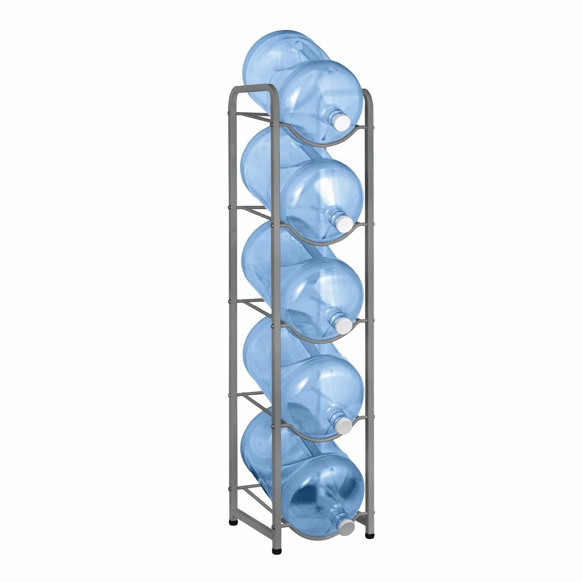 The Single Column 5-Bottle Storage Rack in gray neatly holds five water bottles horizontally in individual slots, offering a sleek and organized storage solution.