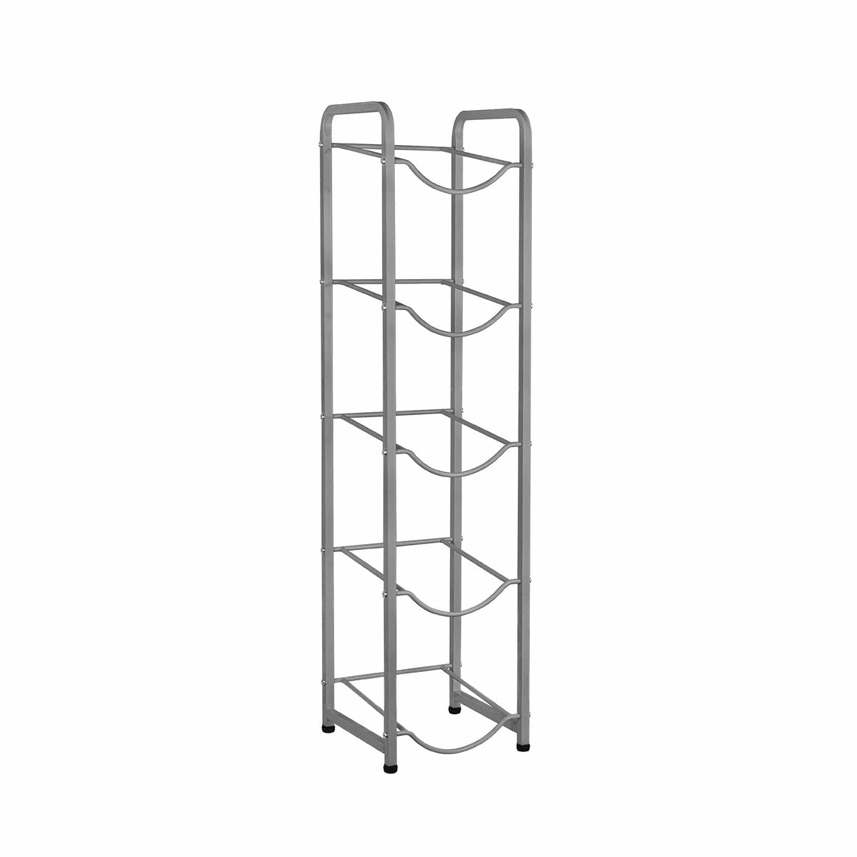The Single Column 5-Bottle Storage Rack - Gray is a tall, narrow rack with five open shelves, perfect for organizing wine or water bottles horizontally in a sleek stainless steel design.