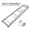 Parts for the Single Column 5-Bottle Storage Rack - Gray, including screws, washers, plastic caps, and an Allen wrench, are arranged on a white surface. Blue text reads: EASY ASSEMBLY – All hardware and tool included.