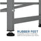 Close-up of gray metal legs on the Single Column 5-Bottle Storage Rack, made from stainless steel with adjustable, screw-in black rubber feet for leveling and floor protection. Text: RUBBER FEET - Adjustable feet help balance and protect floors.