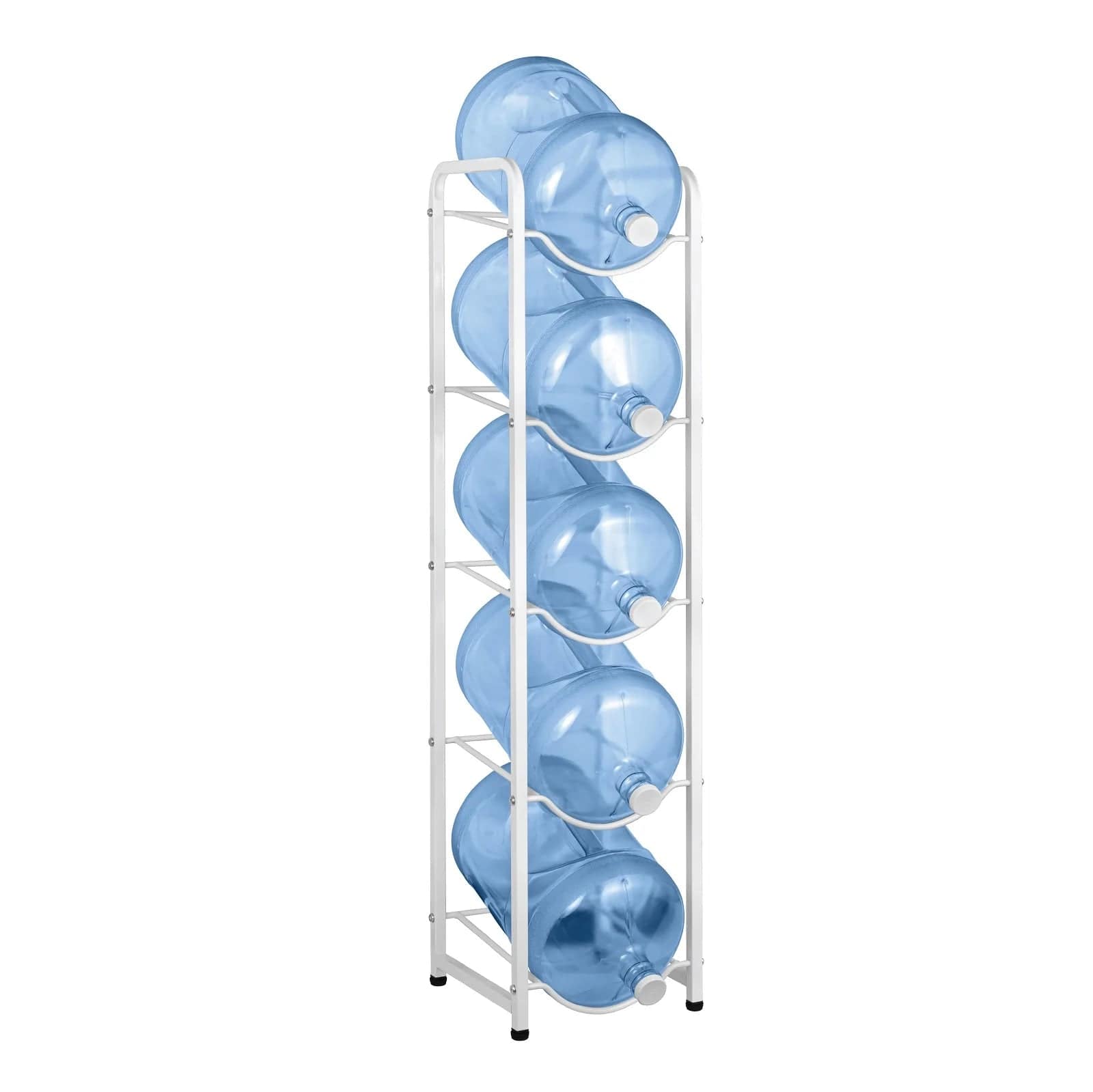The Brio Single Column 5-Bottle Storage Rack in white provides a practical way to vertically store and organize five large water bottles.