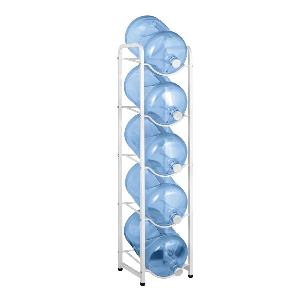 The Single Column 5-Bottle Storage Rack - White is a sturdy metal rack that holds five large water bottles in individual slots for organized, vertical storage.