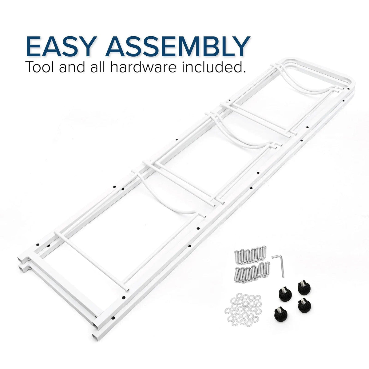 The Single Column 5-Bottle Storage Rack - White is shown with all hardware and an L-shaped hex key included. Easy Assembly text appears. Perfect for organizing up to five 5-gallon water bottles.