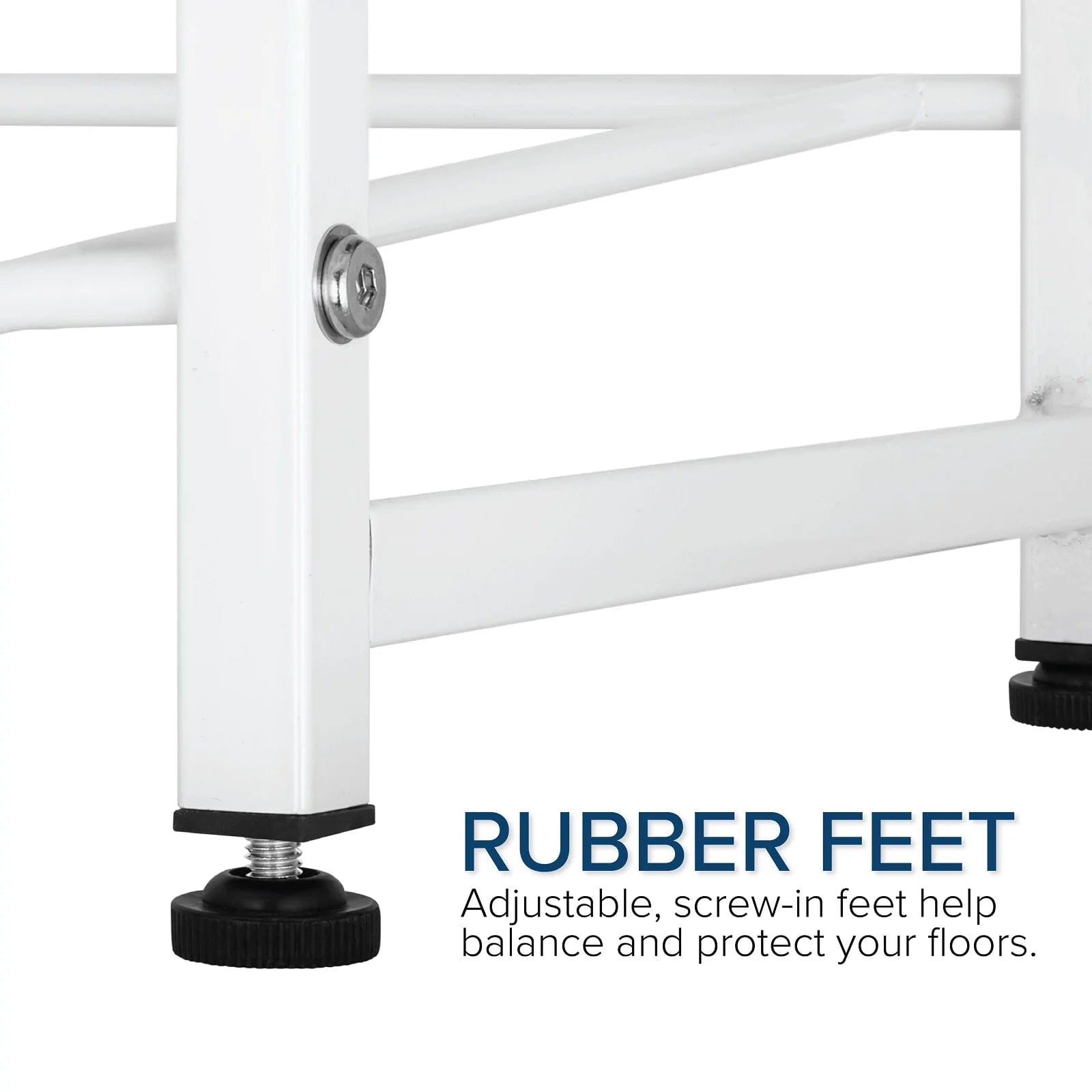 Close-up of the Brio Single Column 5-Bottle Storage Rack – White's base with adjustable screw-in black rubber feet. Text: RUBBER FEET. Adjustable feet help balance the rack and protect your floors.
