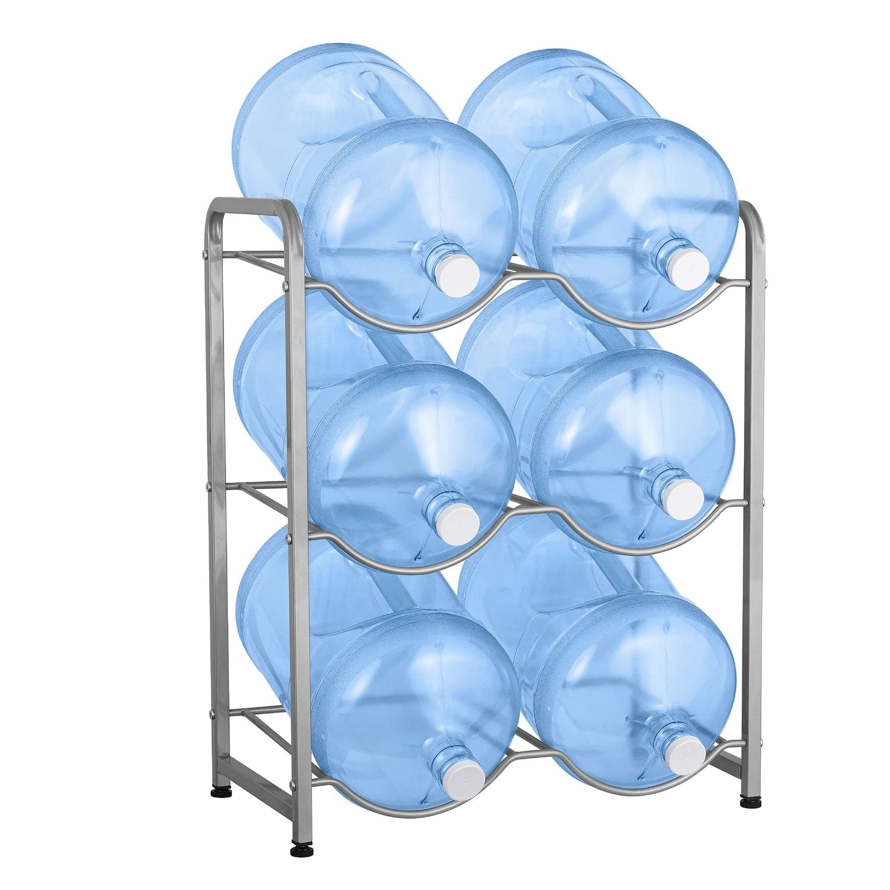 The Brio Double Column 6-Bottle Storage Rack in gray holds six large water bottles in two sturdy columns—a practical and efficient storage solution.