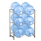 The Double Column 6-Bottle Storage Rack in gray organizes six large bottles in two columns and three rows, holding them horizontally with caps facing out—perfect for 5-gallon water bottle storage.
