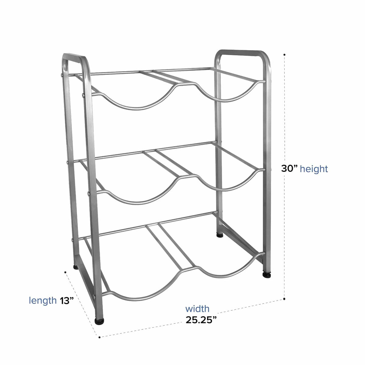 The Double Column 6-Bottle Storage Rack - Gray features a three-tier metal design with curved holders, ideal for wine or water bottles, and measures 30"H x 25.25"W x 13"L.