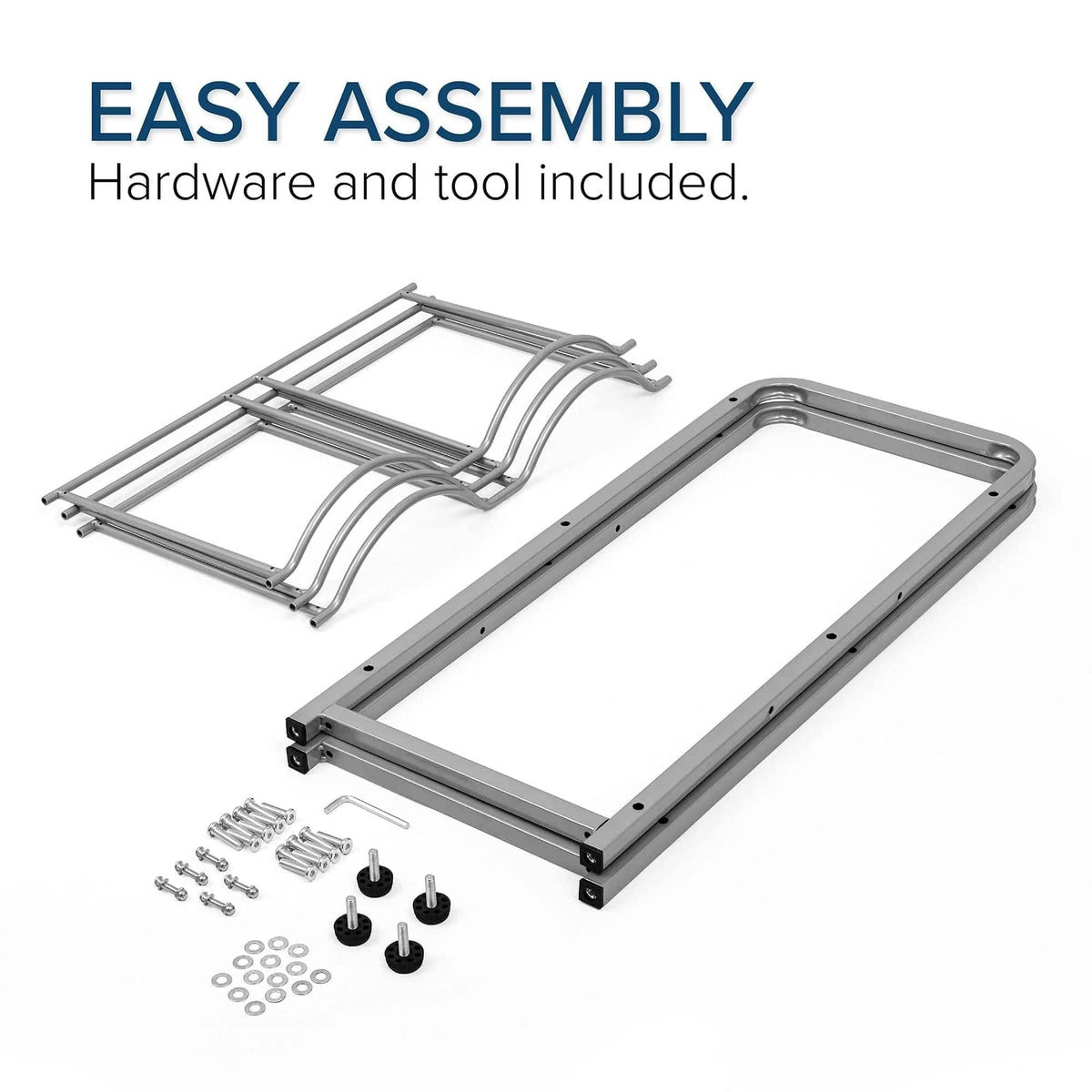 Metal frame pieces, screws, bolts, and hardware for the Double Column 6-Bottle Storage Rack - Gray are arranged on a white background with text above that reads, EASY ASSEMBLY. All hardware and tools included.