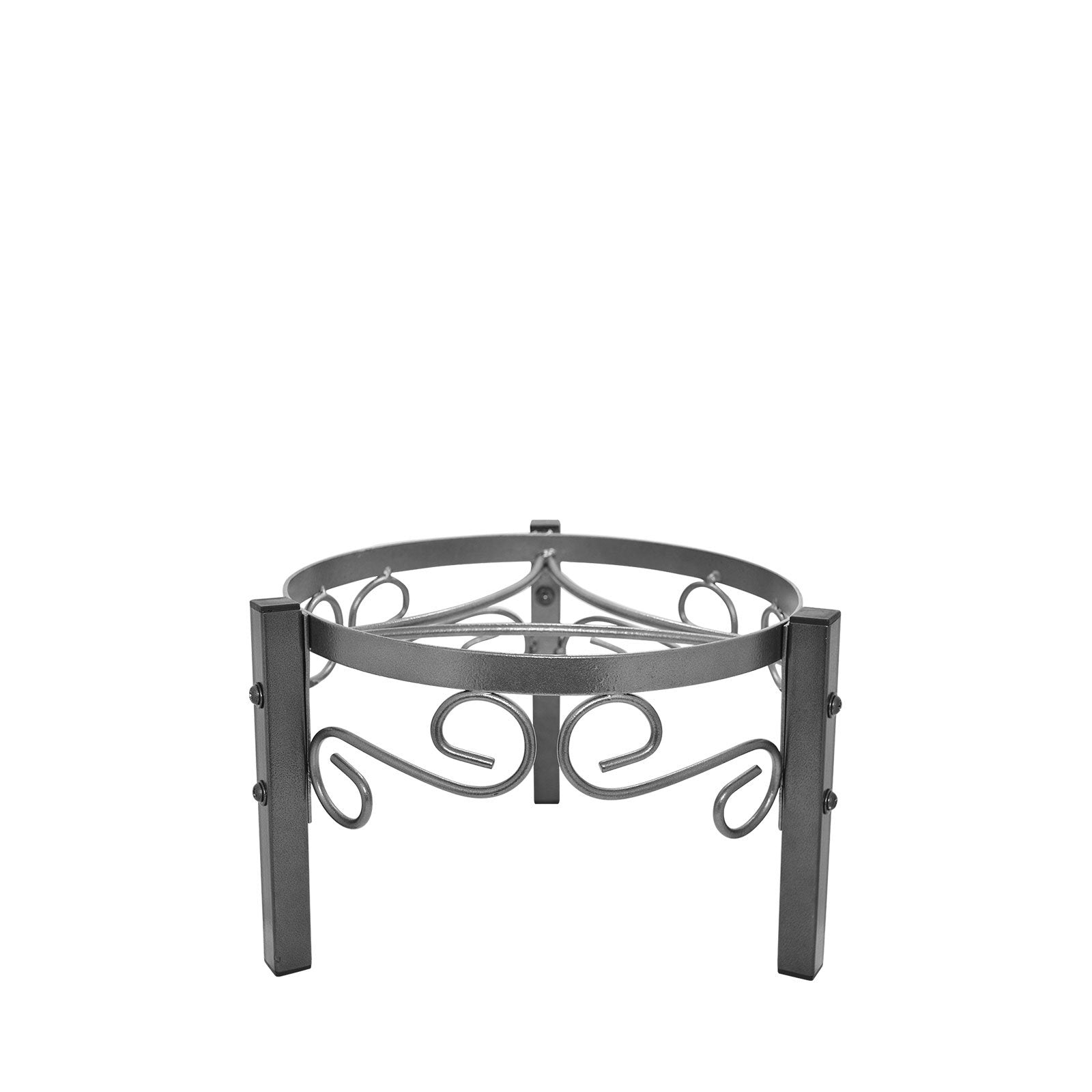 The Crock Water Dispenser Metal Stand 8" – Assorted Colors features elegant scrollwork, three short legs, and a circular top. Its space-saving design fits GEO porcelain crocks. Shown in gray on a white background.