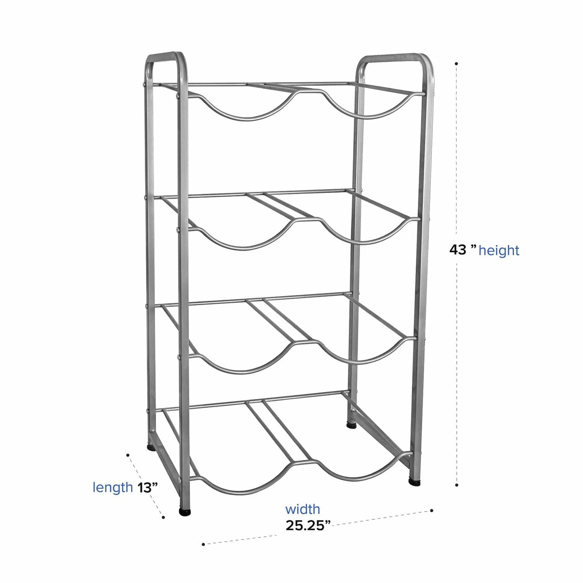 The Double Column 8-Bottle Storage Rack in gray offers a sleek storage solution with four shelves for up to eight bottles, measuring 43"H x 25.25"W x 13"L.