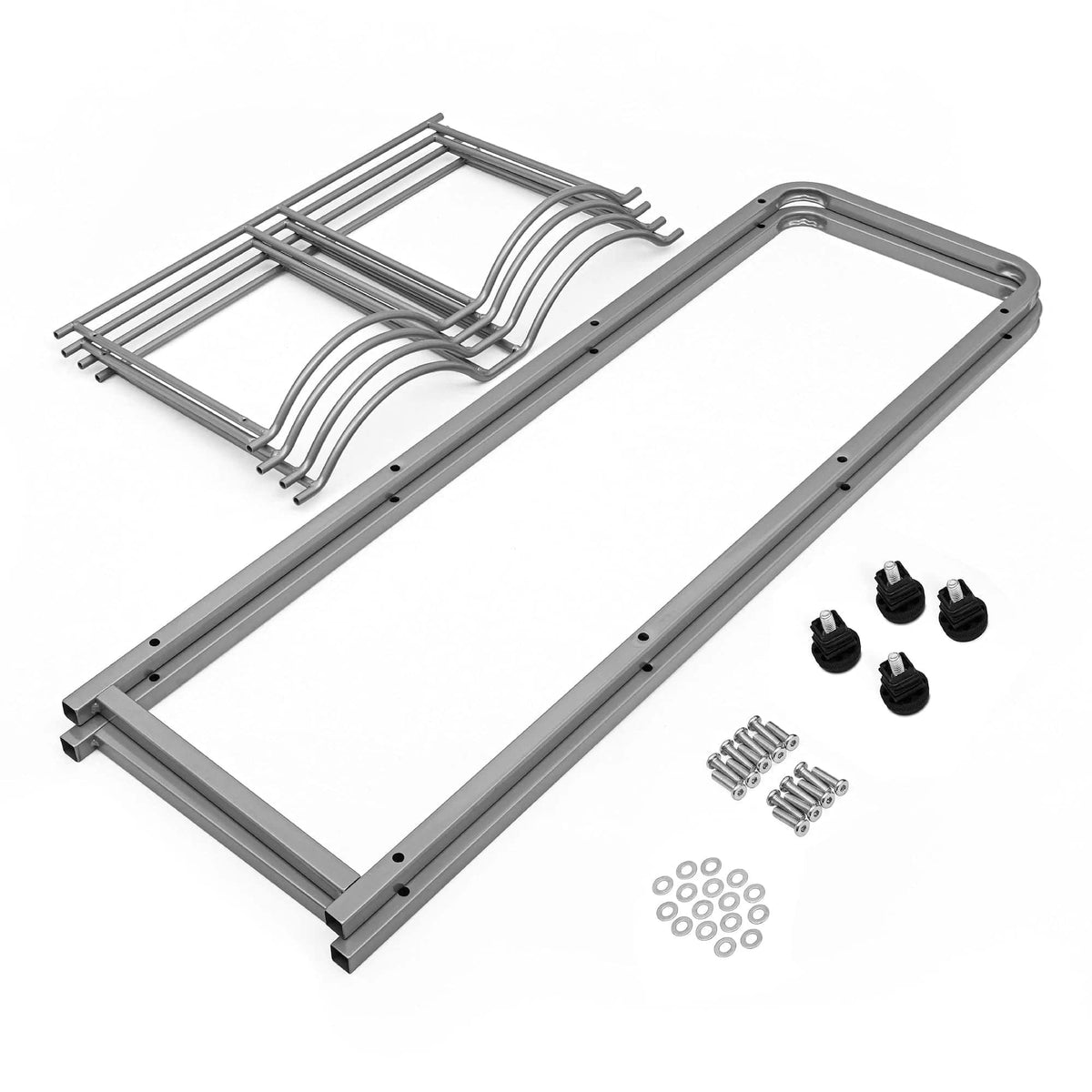 The Double Column 8-Bottle Storage Rack in gray, shown unassembled with all components organized on a white background, offers an efficient and stylish storage solution for up to eight bottles.