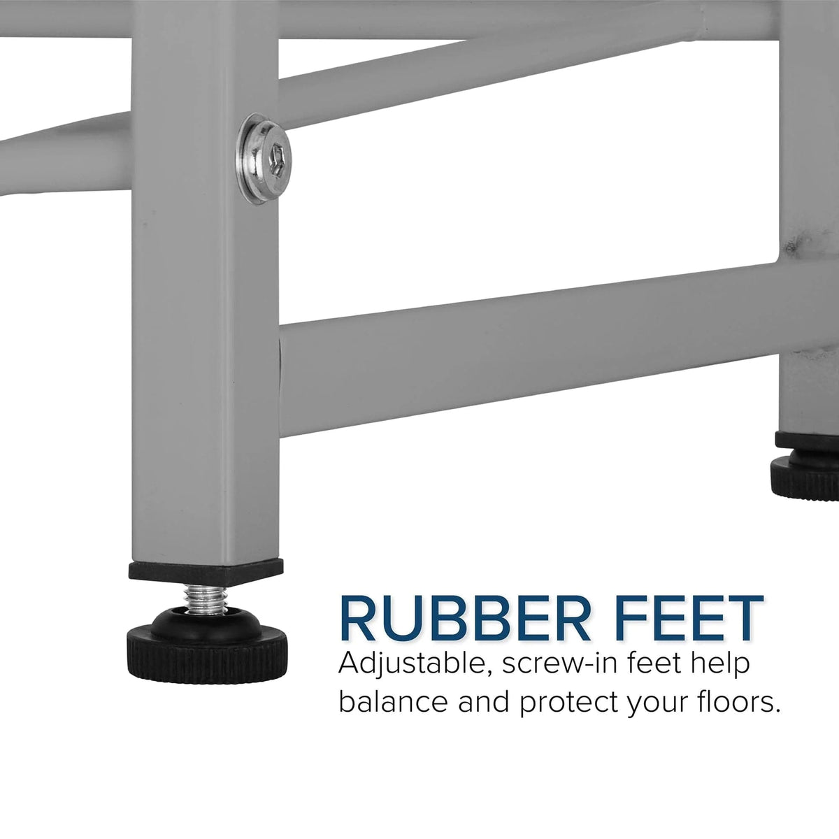 Close-up of Double Column 8-Bottle Storage Rack - Gray with stainless steel legs and adjustable rubber feet. Screw-in design helps balance and protect floors—ideal for any storage solution. Text: RUBBER FEET.