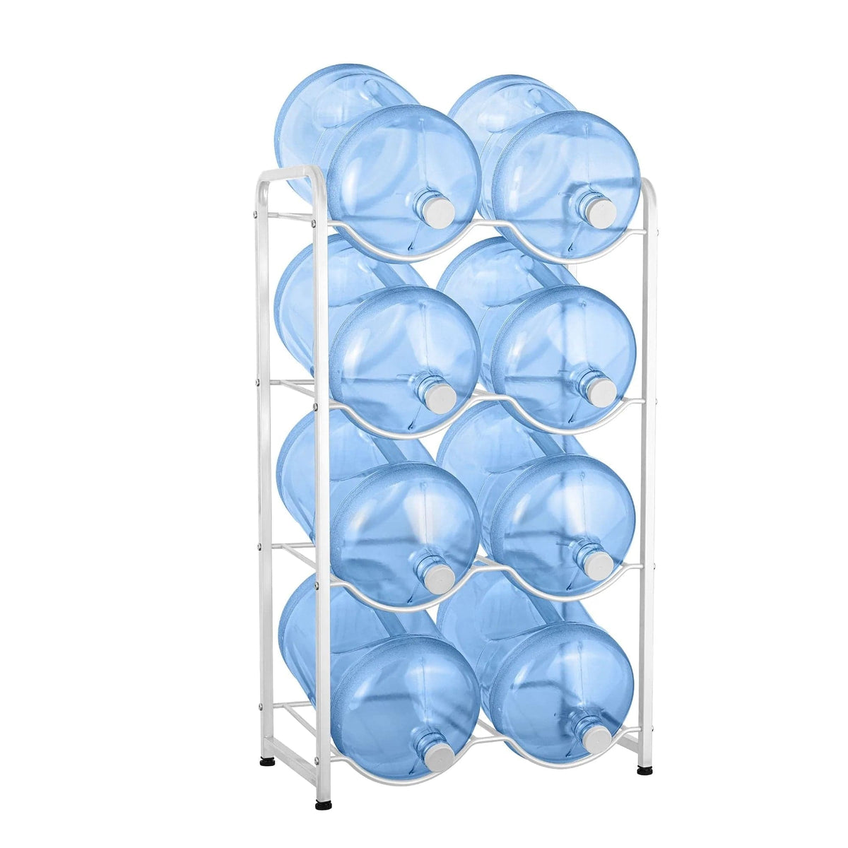 The Double Column 8-Bottle Storage Rack - White holds eight water bottles in two columns, providing an efficient and organized storage solution.