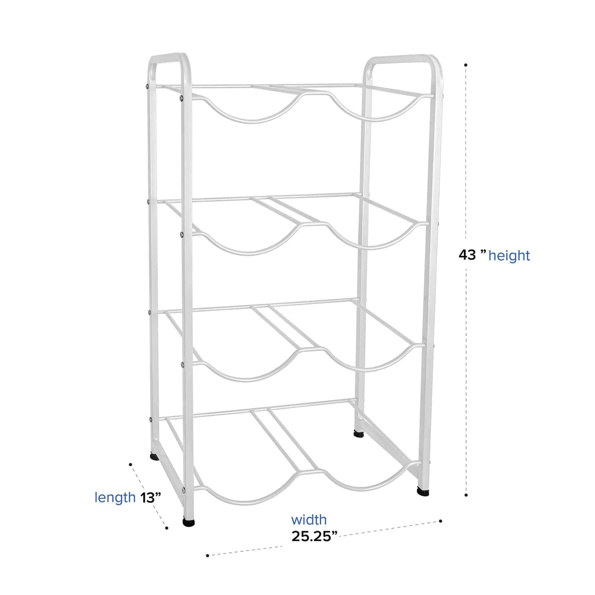 The Double Column 8-Bottle Storage Rack in white is a stainless steel, four-tier organizer measuring 43"H x 25.25"W x 13"D, providing a sleek storage solution for bottles with labeled dimensions shown.