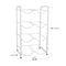 The Double Column 8-Bottle Storage Rack in white is a stainless steel, four-tier organizer measuring 43"H x 25.25"W x 13"D, providing a sleek storage solution for bottles with labeled dimensions shown.
