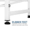 Close-up of the bottom of the Double Column 8-Bottle Storage Rack - White featuring adjustable, screw-in rubber feet to help balance and protect your floors—an ideal storage solution. Text reads: RUBBER FEET.