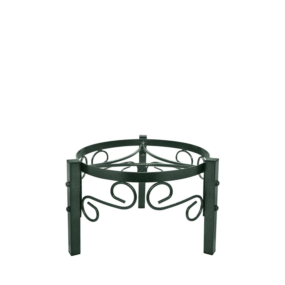 The Crock Water Dispenser Metal Stand 8" features three metal legs with decorative scrollwork and a circular top, making it ideal as a stylish water bottle stand. Shown here in assorted colors against a white background.