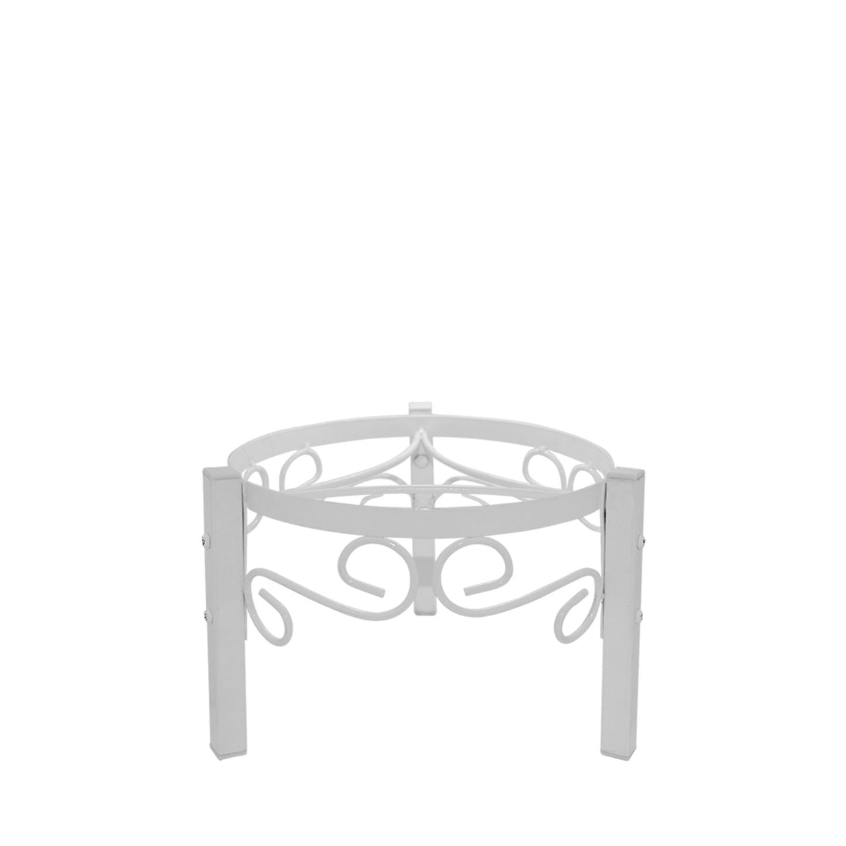 The Crock Water Dispenser Metal Stand 8" - Assorted Colors features decorative scrollwork and three legs, perfect for holding a round pot or as a sturdy, stylish stand for your porcelain water dispenser on the countertop.