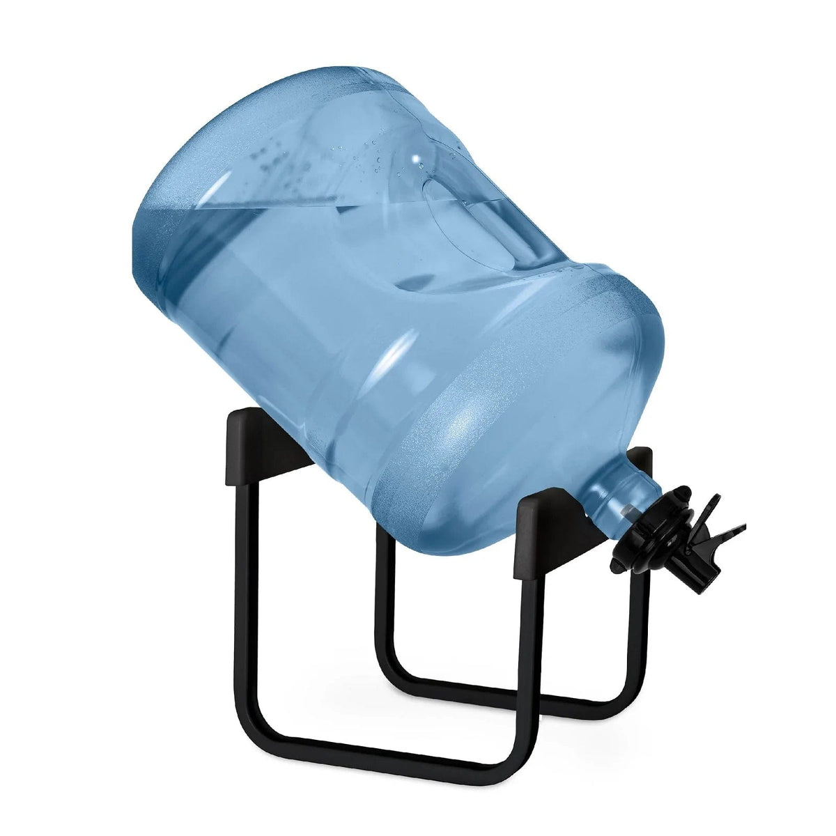 A large blue 3 or 5 gallon bottle is placed on its side on the Stainless Steel Single Water Bottle Stand - Black, with a spigot at the jug’s opening for easy water dispensing.