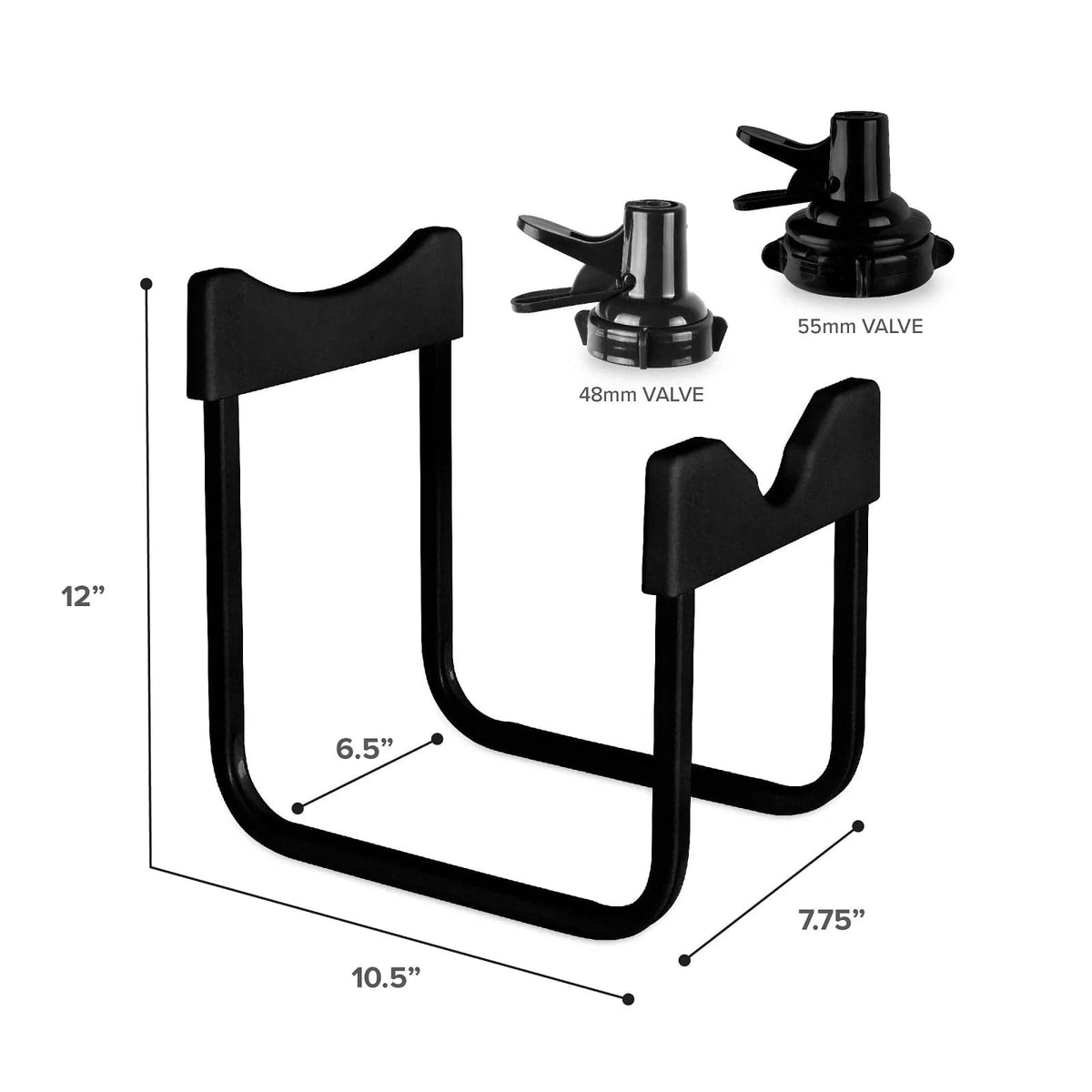 The Stainless Steel Single Water Bottle Stand - Black fits 3 and 5 gallon bottles, measures 12" H x 10.25" L x 7.75" W. Image includes two black valve caps (48mm and 55mm) in the top right for reference.
