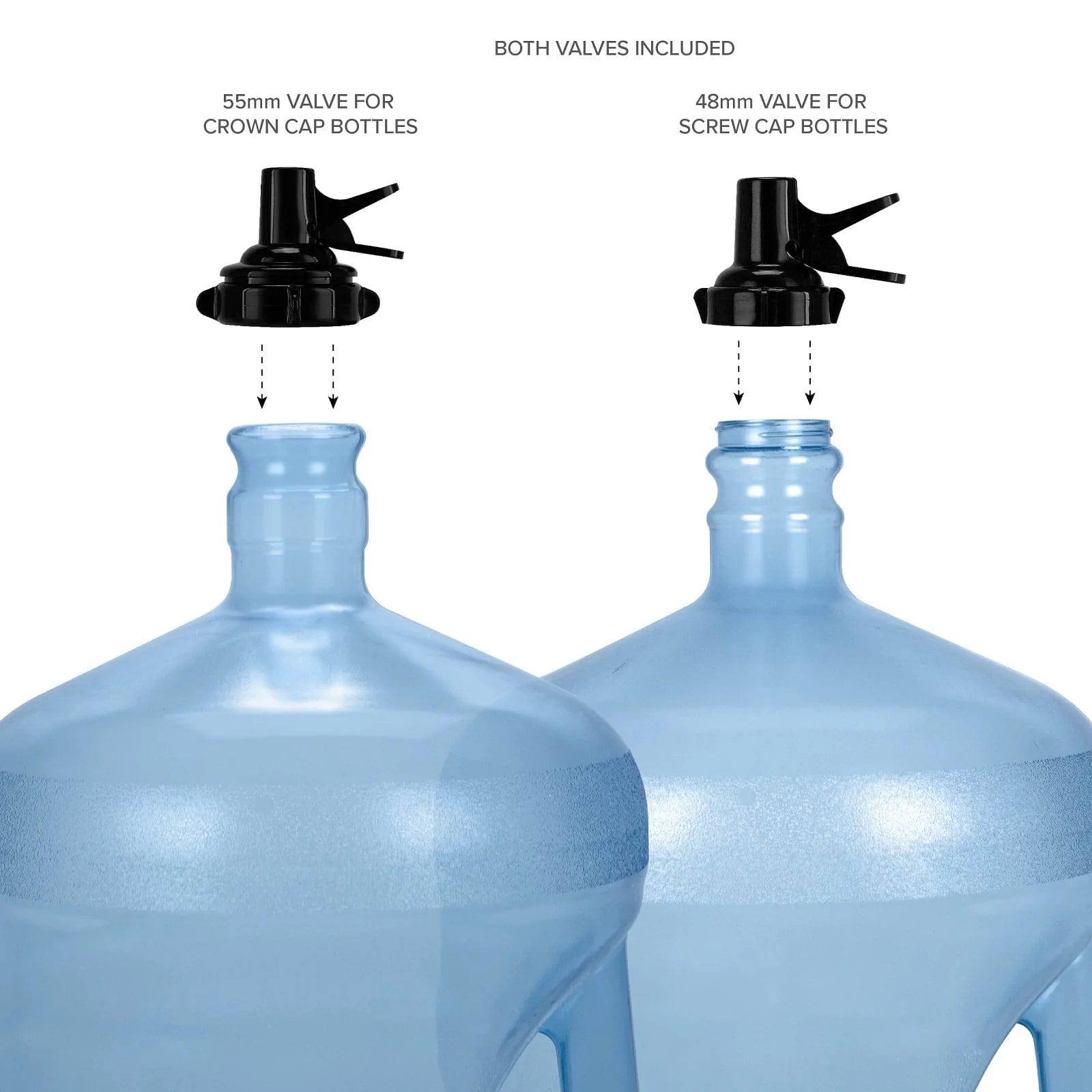 Image of two large blue water bottles (3 & 5 gallons) for dispensers, each with matching stainless steel black Brio valves for 55mm crown and 48mm screw caps. Displayed on the Brio Stainless Steel Single Water Bottle Stand - Black.
