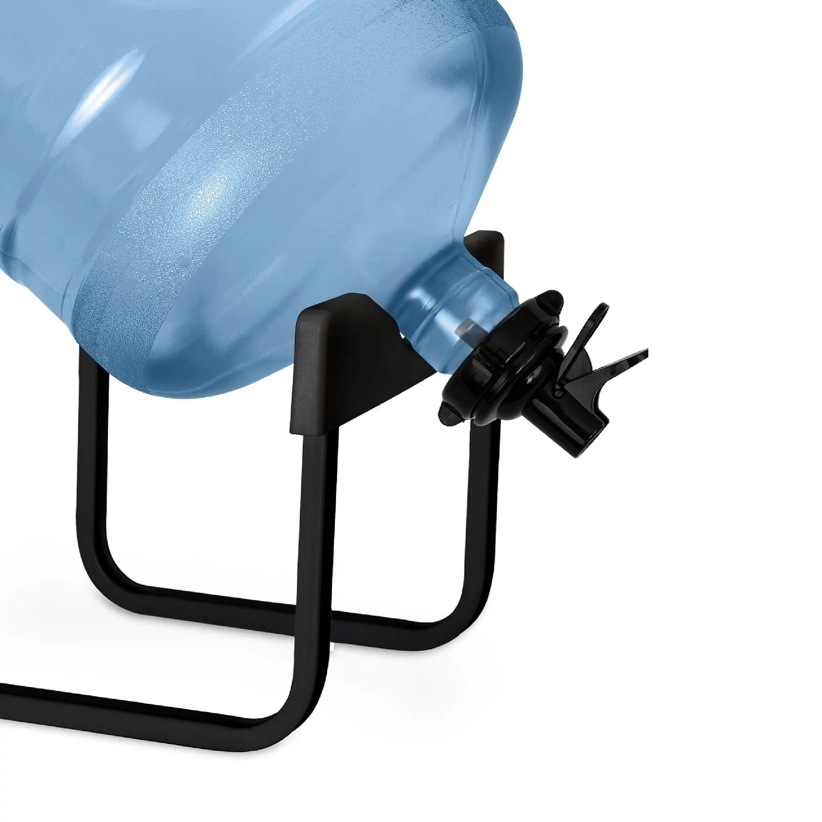 The Brio Stainless Steel Single Water Bottle Stand in black holds 3- or 5-gallon bottles, tilting them downward for easy dispensing and featuring a spigot for convenient pouring.