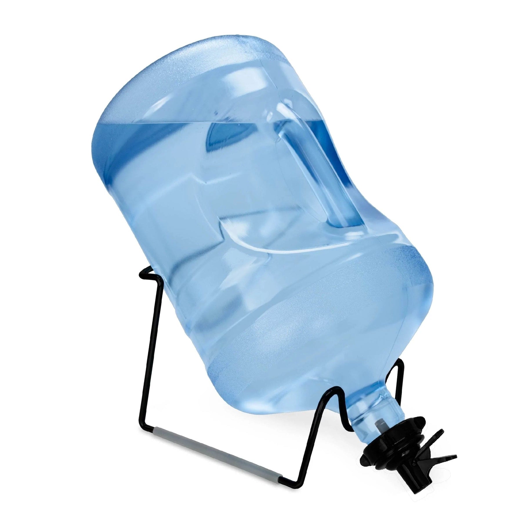 A 5-gallon translucent plastic water jug with a screw cap valve sits upside down on the Brio Metal-Plated Water Bottle Stand in black, its spout facing downward for easy pouring and secure closure.