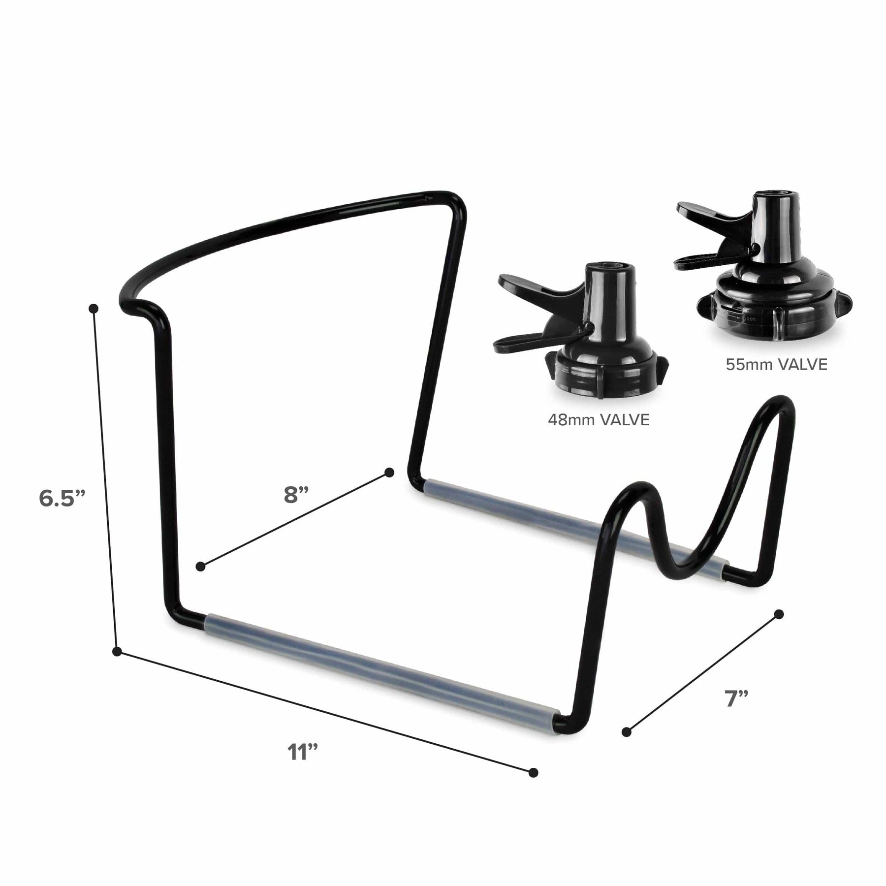 Brio Metal-Plated Water Bottle Stand - Black features a sturdy stand (6.5" tall, 11" long, 7" wide, 8" top width) and includes two black screw cap valves (48mm & 55mm). Perfect for securely holding water bottles.