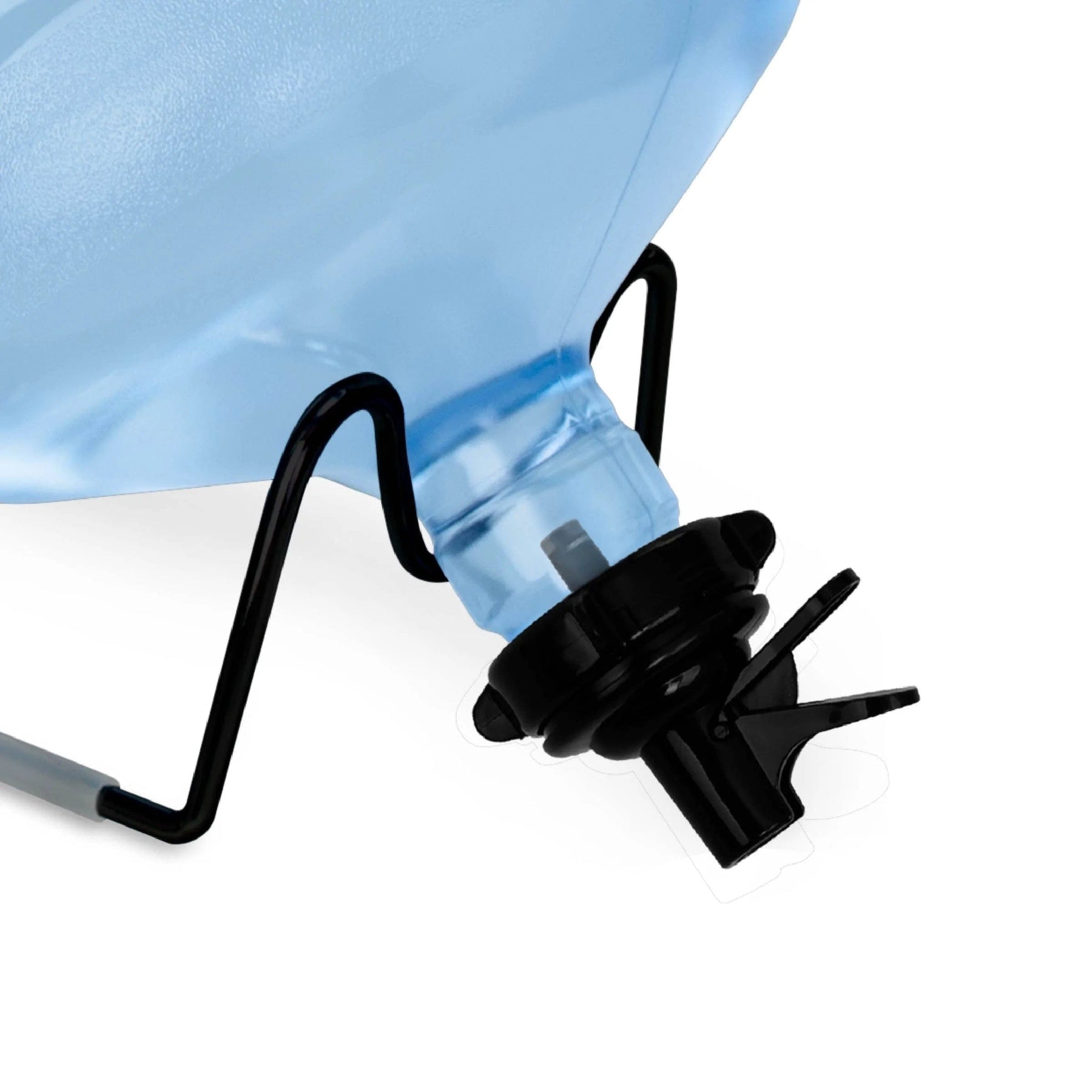 Close-up of a blue water container with a black spigot and screw cap valves, supported by the Brio Metal-Plated Water Bottle Stand - Black, against a white background.