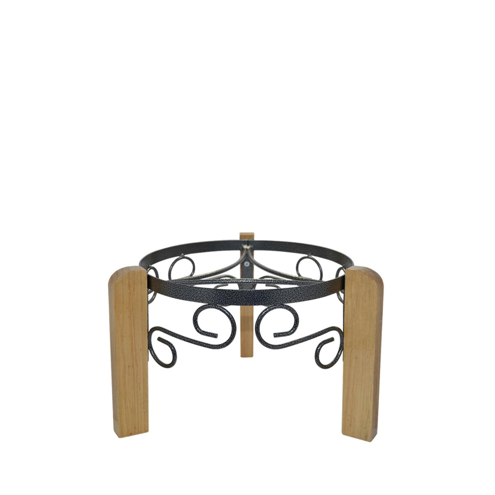 The Crock Water Dispenser Metal/Wood Stand 8" in assorted colors features a round metal frame with swirl designs and three solid wood legs, compatible with GEO porcelain crocks. Its compact design is perfect for stylish display on any white background.