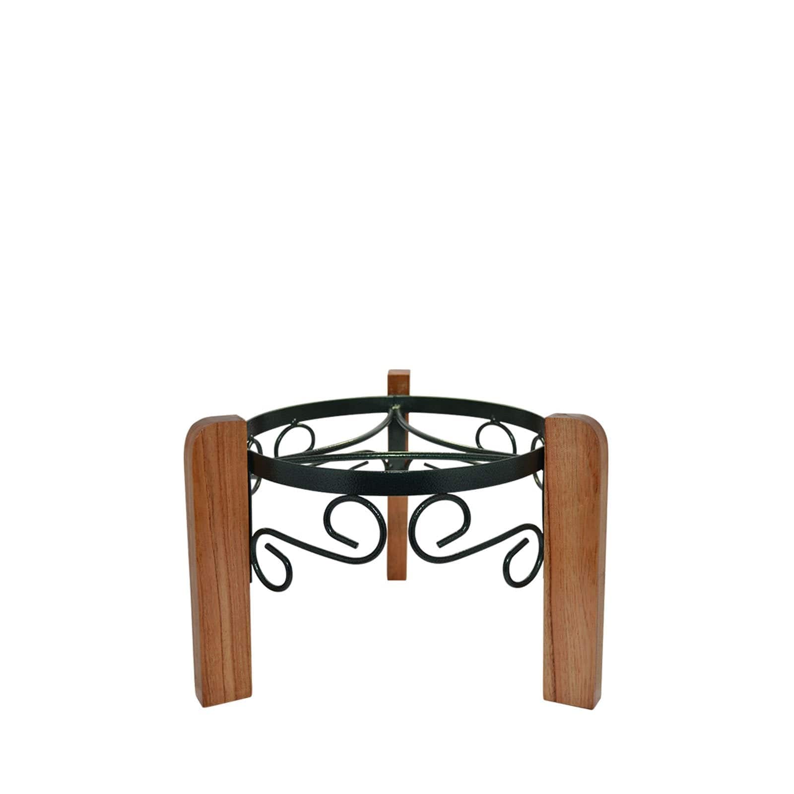 The Crock Water Dispenser Metal/Wood Stand 8" – Assorted Colors features three sturdy legs with elegant black scrollwork, designed to hold GEO porcelain crocks or small planters. Its space-saving design looks stylish against a plain white background.