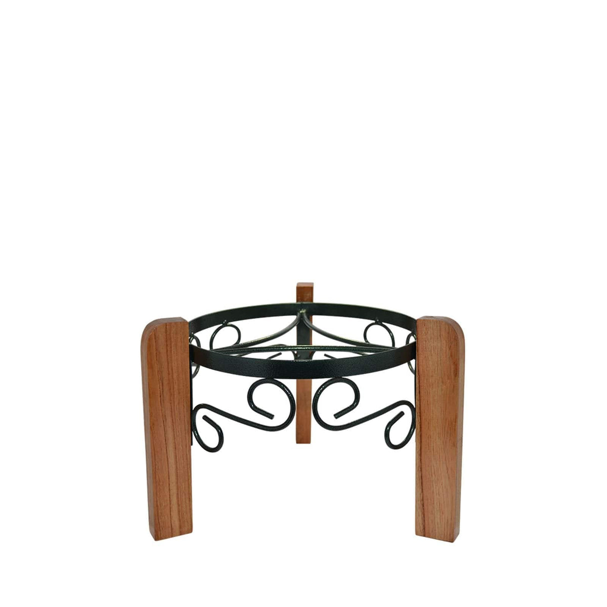 A space-saving solution perfect for compact areas, the Crock Water Dispenser Metal/Wood Stand 8″ – Assorted Colors features a round metal top with decorative scrollwork and three sturdy vertical wooden legs. Shown against a white background, this versatile piece serves both as a stylish plant stand and a solid wood water dispenser stand ideal for displaying GEO porcelain crocks.