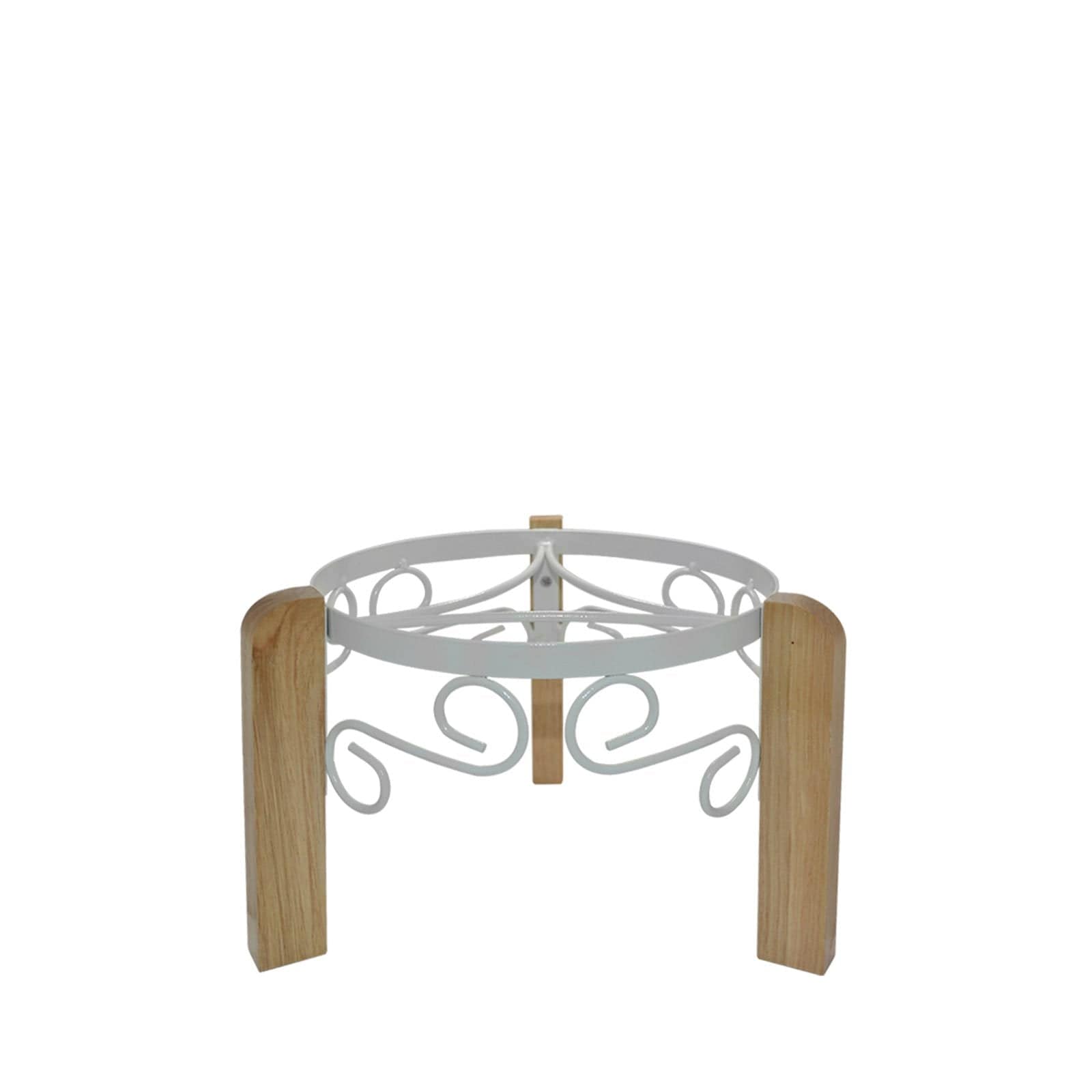 The Crock Water Dispenser Metal/Wood Stand 8" features a compact round white metal frame with swirl designs, solid wood legs, and fits GEO porcelain crocks. Shown on a plain white background. Assorted colors available.