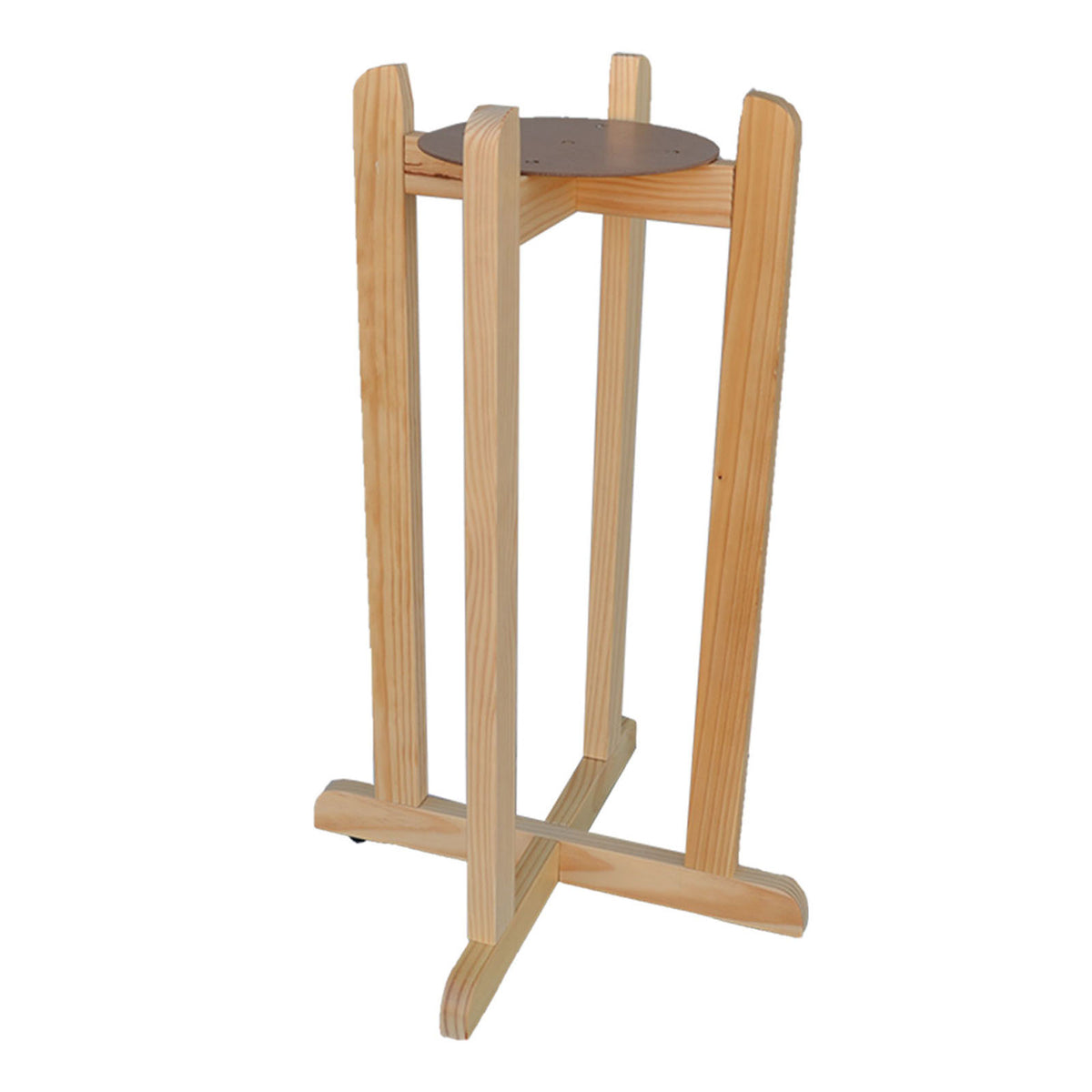 A sturdy Crock Water Dispenser Stand, measuring 30 inches tall, featuring four vertical legs, a round top platform, and a cross-shaped base. Available in assorted colors, its light natural finish adds to the stand’s classic and versatile appeal.